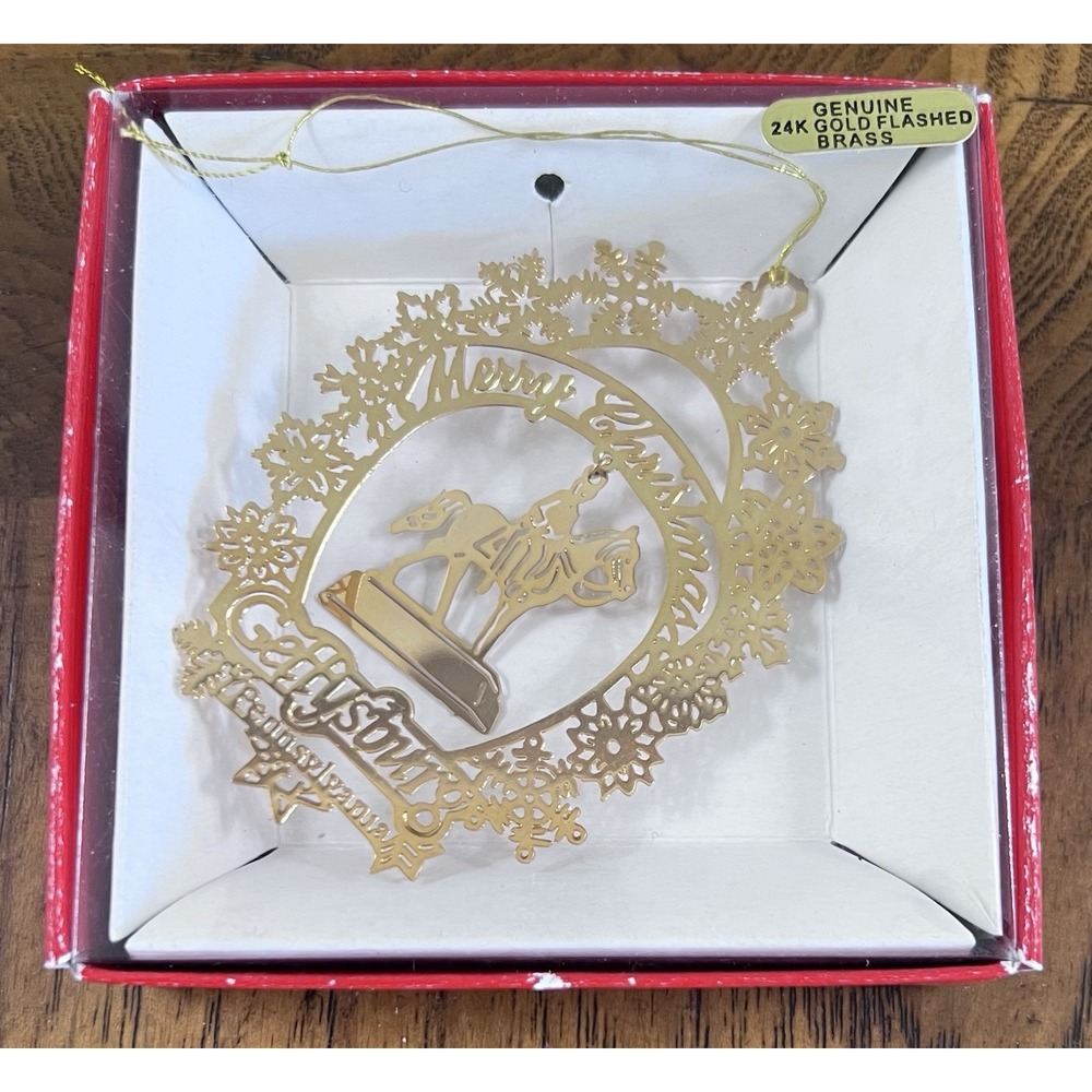 Seasons Greetings Gettysburg PA Christmas Horse Ornament 24K Gold Flashed Brass